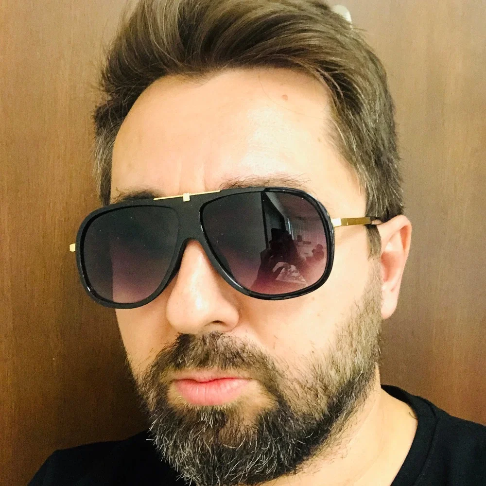 Sunglasses Mens Fashion Shades Black Gold Tone Bar Black Lens Street Wear Trendy
